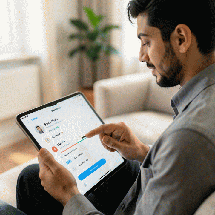 Seorang milenial Muslim yang tersenyum puas saat mencatat progres ibadahnya pada habit tracker digital di tablet.