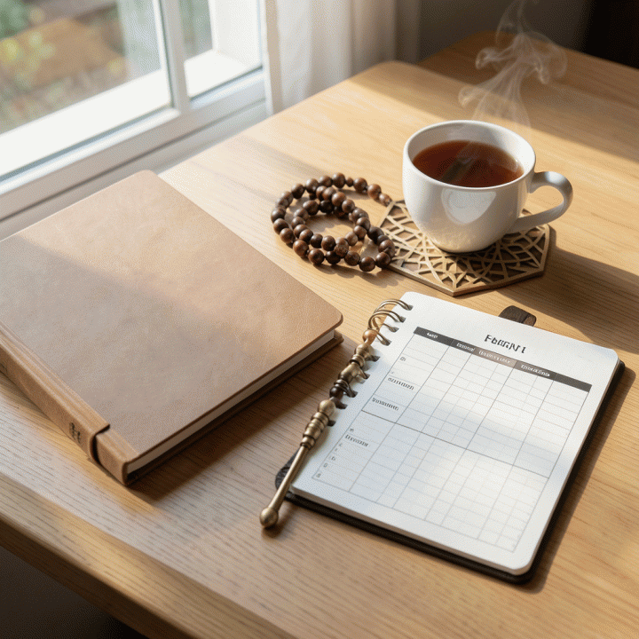 Flat lay foto buku catatan habit tracker ibadah yang estetik dengan tasbih dan secangkir teh di atas meja kayu, menonjolkan rutinitas spiritual yang terorganisir.