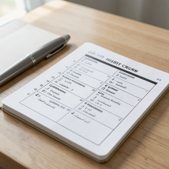 Tampilan dekat meja kerja dengan jurnal dan habit tracker fisik yang rapi, menunjukkan perencanaan ibadah yang terstruktur.