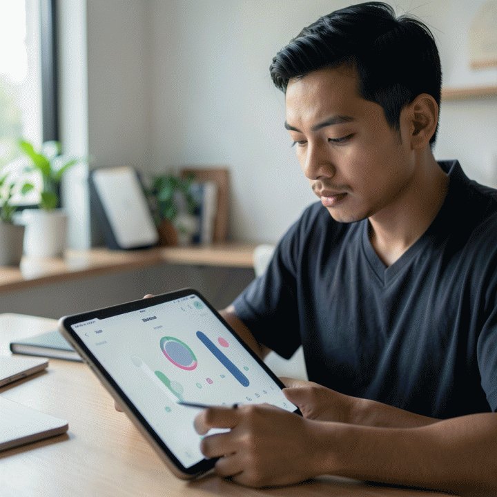 Profesional muda meninjau progres ibadah harian pada aplikasi habit tracker di tablet, menunjukkan konsistensi dan pencapaian.
