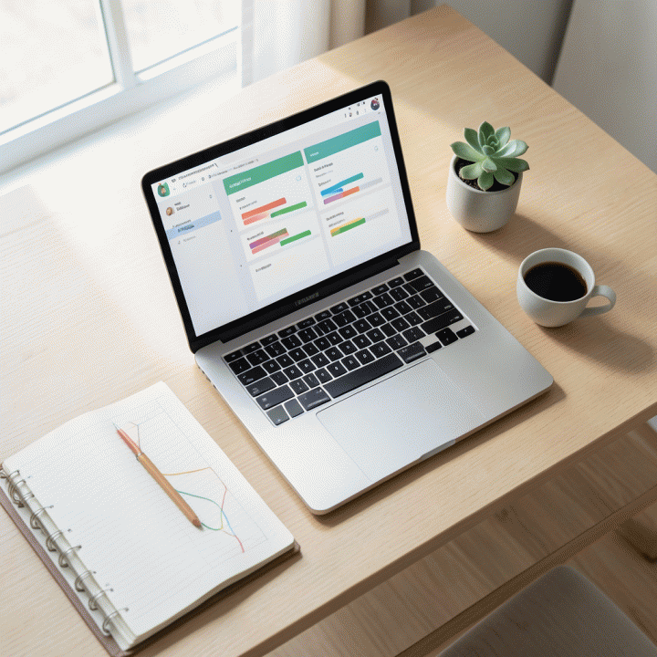 Tampilan overhead yang photorealistic dari meja kerja minimalis dengan laptop Notion terbuka menampilkan database pelacak kebiasaan (habit tracker) serta alat-alat perencanaan lainnya, menciptakan suasana fokus dan produktivitas tinggi.