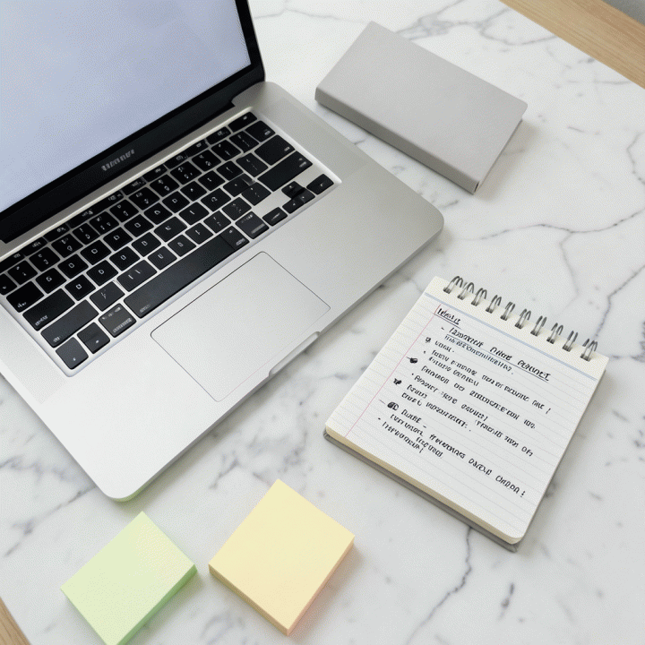 Foto flat lay yang estetik berisi peralatan tulis berkualitas tinggi seperti sticky notes warna-warni dan planner minimalis di samping laptop, melambangkan perencanaan self-improvement atau kebiasaan baru.