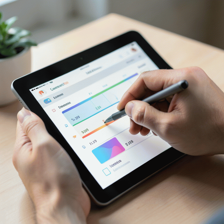 Tangan berinteraksi dengan tablet yang menampilkan antarmuka pengguna Notion untuk melacak kemajuan kebiasaan (habit tracking) secara visual dan berwarna.
