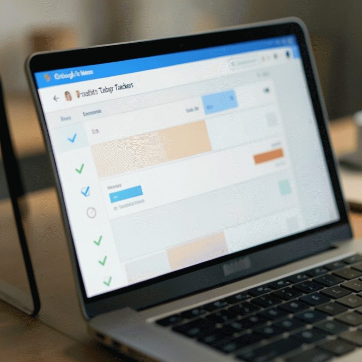 Tampilan close-up layar laptop menunjukkan antarmuka (UI) habit tracker yang terstruktur dan abstrak di Google Sheets atau Notion, menekankan pelacakan kemajuan tanpa teks spesifik.