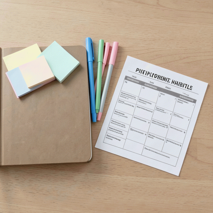 Penataan flat lay alat tulis dan lembar habit tracker yang rapi di atas meja kayu, siap untuk perencanaan kebiasaan positif.