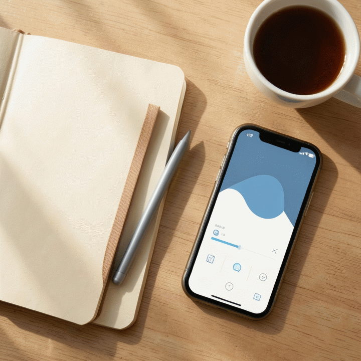 Tata letak alat perencanaan keuangan yang estetik, termasuk buku catatan dan smartphone yang menampilkan antarmuka aplikasi budgeting yang bersih.