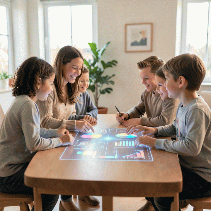 Keluarga modern yang sedang berkolaborasi merencanakan keuangan digital mereka di meja kayu yang elegan, dengan antarmuka data visual yang abstrak dan bercahaya.