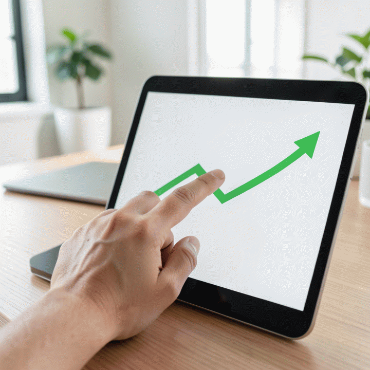 Tangan menunjuk grafik keuangan digital yang menunjukkan tren positif, menandakan pengelolaan anggaran keluarga yang berhasil.