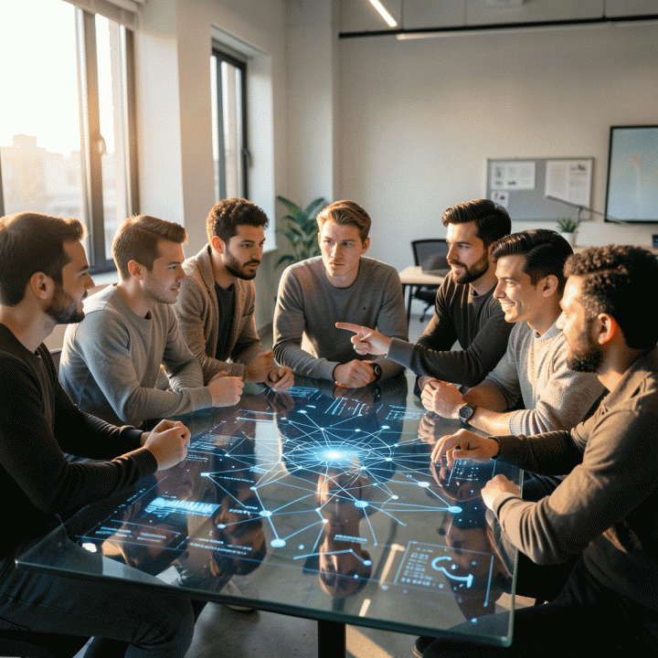 Sekelompok founder startup modern yang bersemangat dan kolaboratif di ruang kerja futuristik, merencanakan strategi bisnis dengan data visualisasi abstrak.