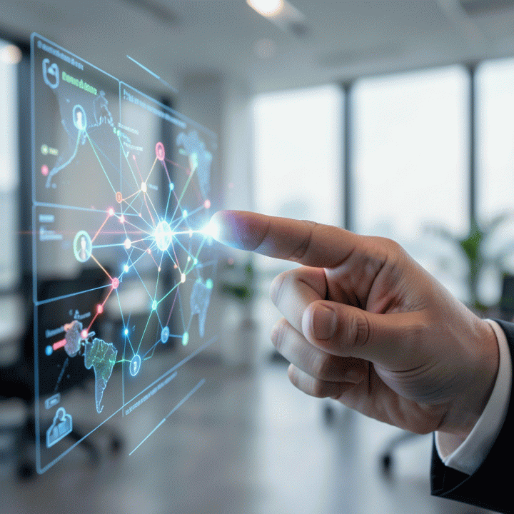 Tangan menunjuk ke antarmuka hologram data yang kompleks, menggambarkan visualisasi peta perjalanan pelanggan (customer journey) yang sangat personal.