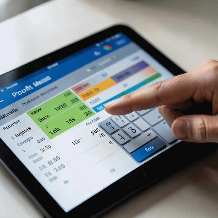 Tangan menunjukkan hasil perhitungan biaya dan margin keuntungan yang jelas pada antarmuka kalkulator digital, menekankan transparansi data keuangan.
