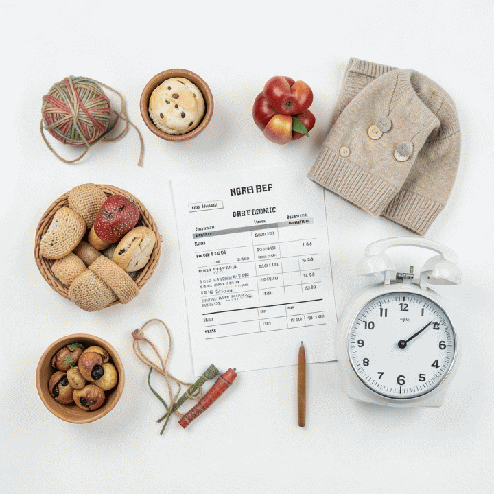 Overhead view of various small business products next to a financial document, symbolizing cost calculation and pricing.