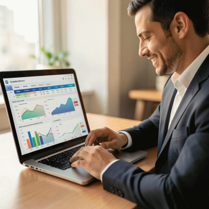 A close-up, photorealistic image of a business owner analyzing financial data on a laptop screen, illustrating the process of calculating profit and cost analysis.