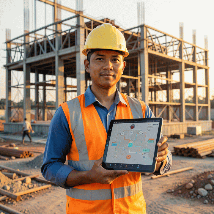 Seorang insinyur konstruksi sedang meninjau data estimasi biaya proyek menggunakan tablet digital di lokasi pembangunan yang profesional dan modern.
