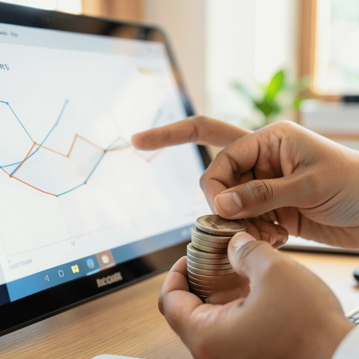 Detail tangan yang sedang menganalisis grafik keuangan pada layar digital, melambangkan perhitungan HPP yang akurat.