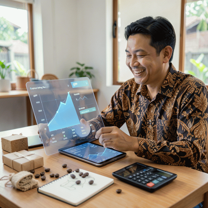Seorang pemilik UMKM Indonesia sedang meninjau dashboard keuangan digital di meja kerja, menunjukkan visualisasi grafik keuntungan yang meningkat secara optimal setelah menghitung HPP yang akurat.