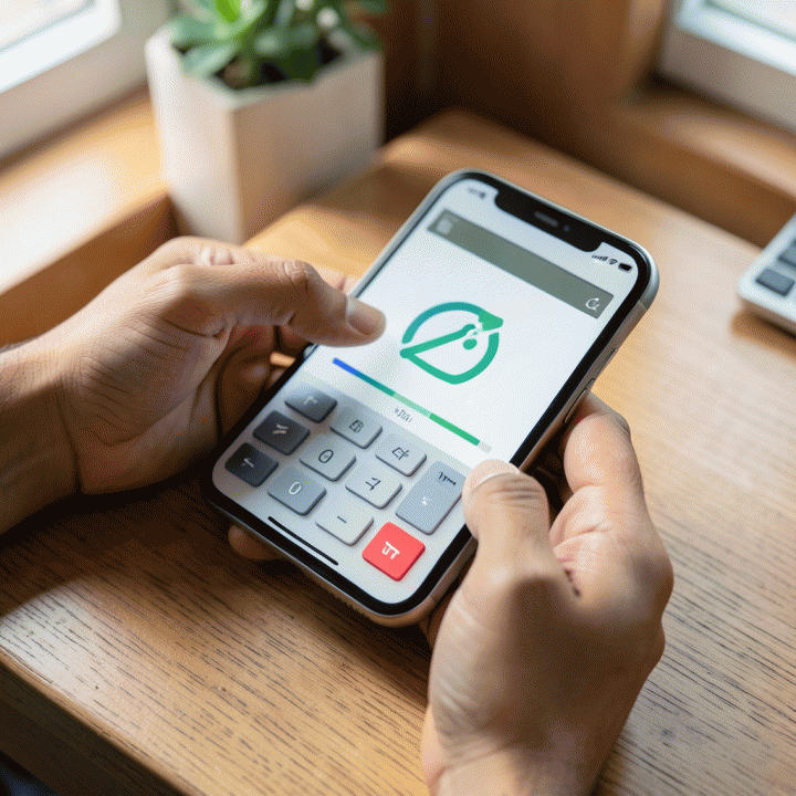 Visual close-up tangan yang menggunakan alat bantu hitungan digital untuk menentukan profitabilitas dan harga jual yang akurat.