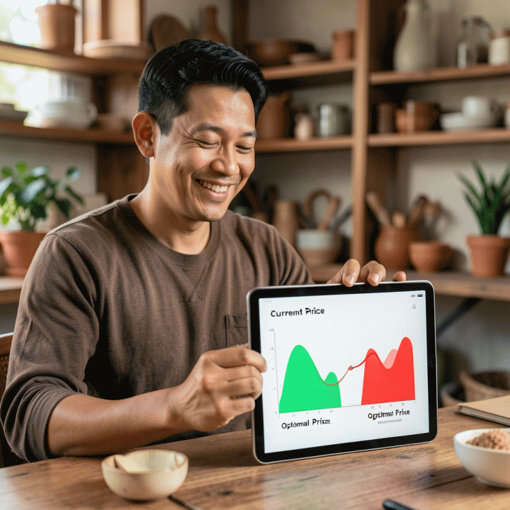 Perbandingan visual skenario harga jual di tablet, menyoroti peningkatan keuntungan yang signifikan dan optimal.