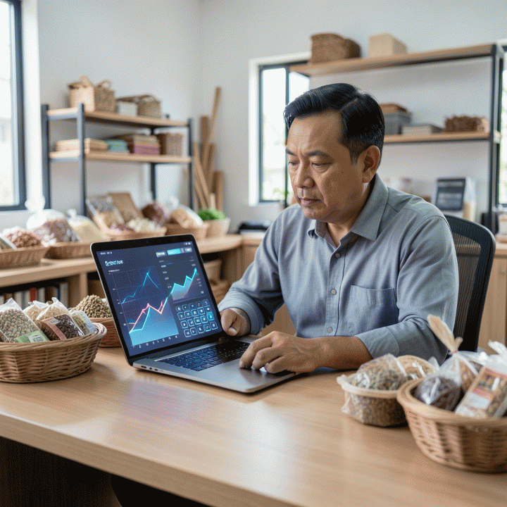 Pemilik UMKM Indonesia yang profesional sedang menganalisis data keuangan bisnisnya di meja kayu modern, dengan kalkulator digital yang menampilkan visualisasi peningkatan profit margin yang signifikan.