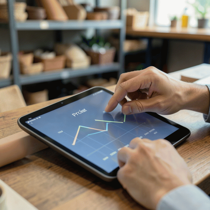 Tangan pemilik usaha yang sedang menganalisis grafik keuntungan pada tablet digital untuk menentukan harga jual optimal.
