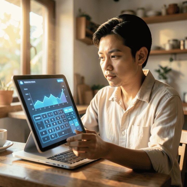 Pemilik bisnis UMKM Indonesia yang sedang menganalisis grafik keuangan dengan ekspresi berpikir, melambangkan penentuan harga jual optimal.
