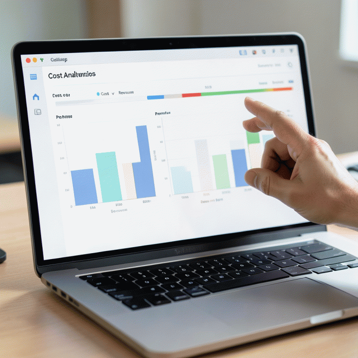 Tampilan antarmuka dashboard keuangan di laptop yang abstrak, menunjukkan perbandingan biaya dan laba kotor untuk membantu menentukan harga jual optimal.