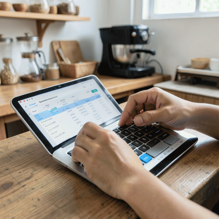 Tangan seorang pemilik bisnis sedang menghitung HPP dan menentukan harga jual menggunakan kalkulator digital di tablet untuk mencapai profit maksimal.