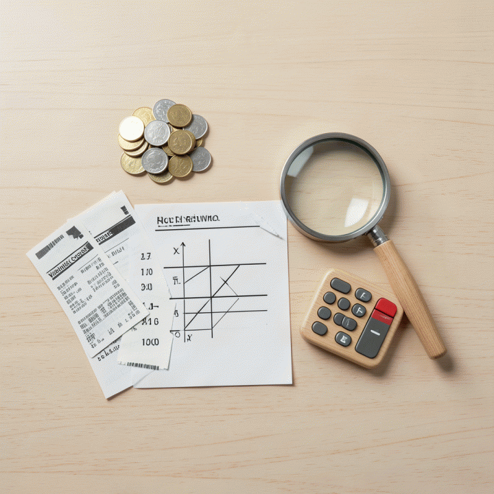 Tata letak flat lay yang rapi berisi elemen keuangan seperti koin, kalkulator, dan catatan perhitungan, melambangkan komponen biaya dan penghitungan HPP.