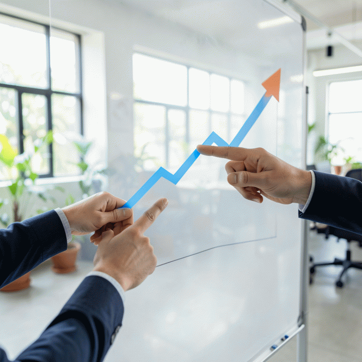 Ilustrasi dua tangan yang berkolaborasi menunjuk grafik kenaikan profit yang optimal, melambangkan penentuan harga jual terbaik.