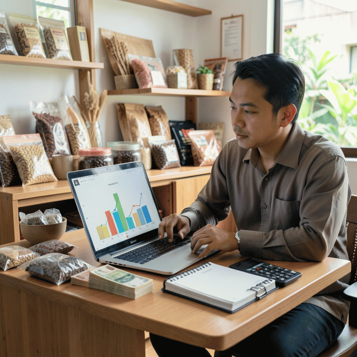 Pemilik UMKM Indonesia sedang menghitung biaya operasional bisnisnya menggunakan laptop di meja kerjanya yang rapi, menunjukkan proses penentuan harga jual yang akurat.