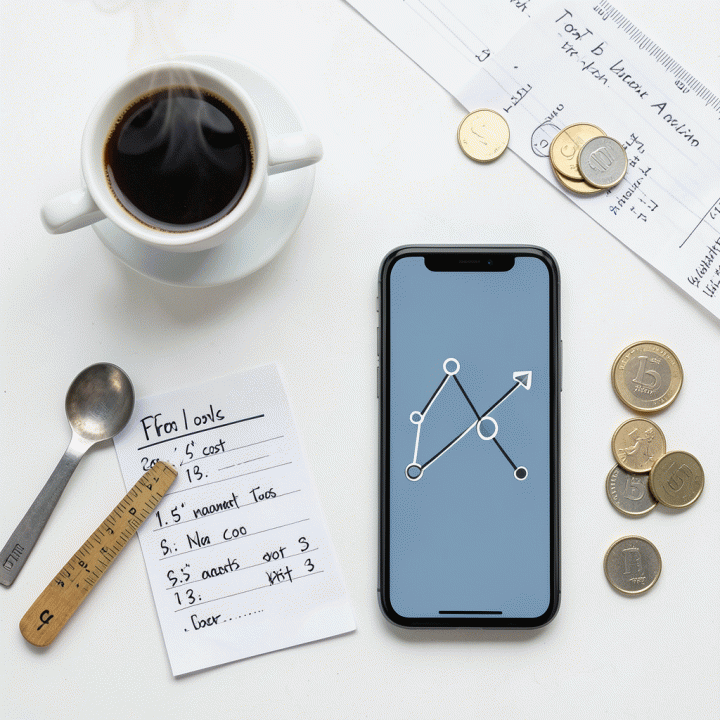 Tata letak datar (flat lay) berisi elemen biaya bisnis F&amp;B: peralatan masak, uang koin, dan tampilan grafik profit sederhana di ponsel.