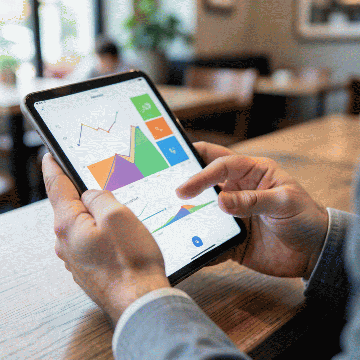 Tangan pemilik usaha yang sedang menganalisis data keuangan bisnis F&amp;B menggunakan tablet, menunjukkan penentuan harga jual.