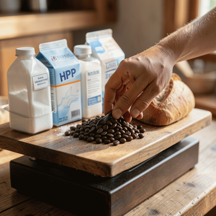 Tangan yang sedang menimbang bahan baku kafe (biji kopi, gula, dll.) untuk menghitung biaya bahan baku (HPP).
