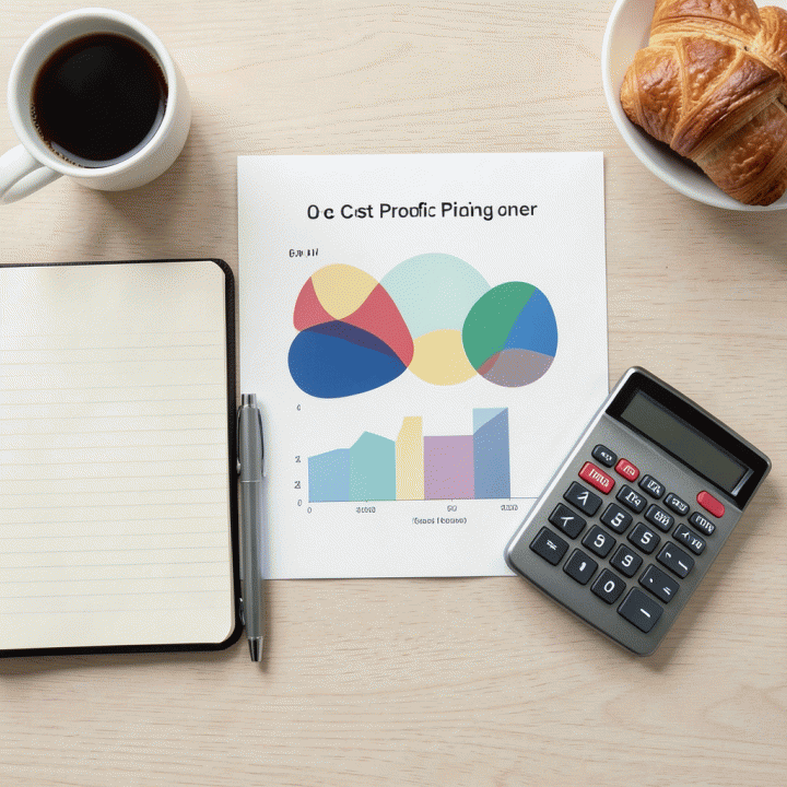 Pemandangan atas meja kerja yang berisi kalkulator, buku catatan, dan grafik analisis biaya-profit, menunjukkan perencanaan keuangan bisnis F&amp;B.
