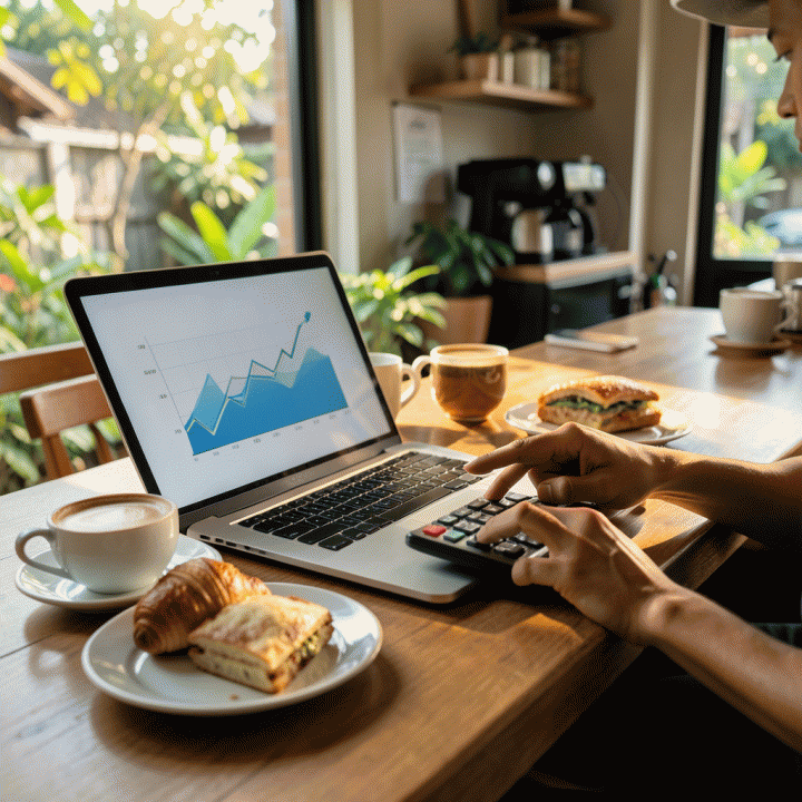 Tangan pemilik kafe yang sedang menganalisis biaya dan profit menggunakan kalkulator dan laptop di konter kafe yang estetik.