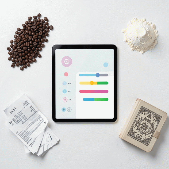 Tampilan dari atas (flat lay) meja kerja yang berisi tablet kalkulator HPP abstrak dan komponen biaya fisik (bahan baku, struk), menunjukkan proses analisis biaya.
