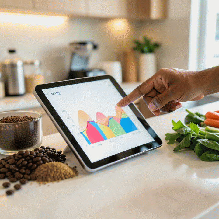Tangan profesional menunjuk ke tablet yang menampilkan grafik keuangan abstrak di atas meja dapur cafe yang dipenuhi bahan-bahan segar, melambangkan perhitungan HPP yang akurat.
