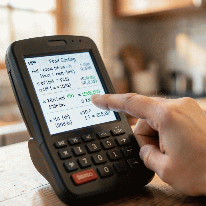 Tangan menunjuk kalkulator digital yang menampilkan rumus HPP untuk menunjukkan analisis biaya yang jelas.