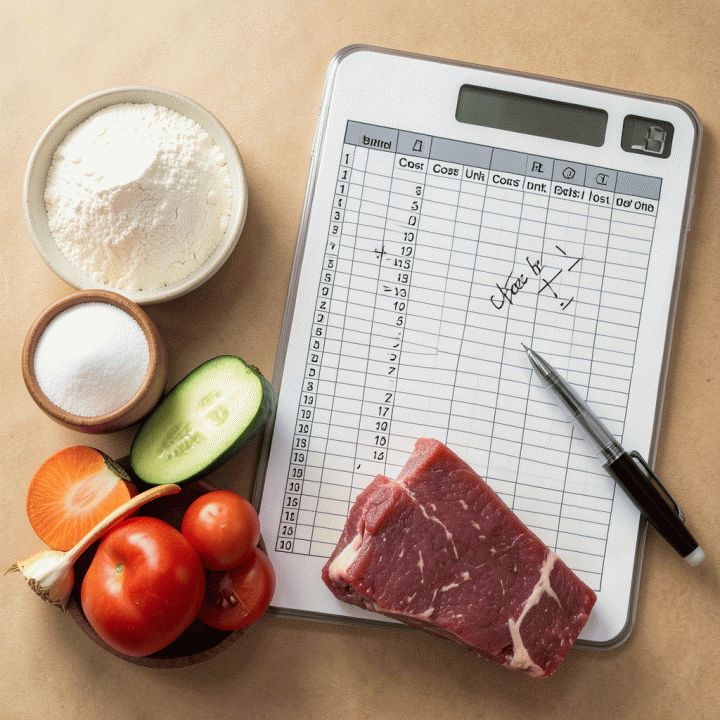 Foto flat lay bahan makanan mentah yang tertata rapi di samping spreadsheet yang menampilkan perhitungan biaya per unit. Menekankan proses perhitungan biaya.