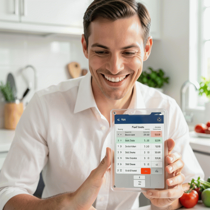 Seorang pemilik usaha kecil tersenyum percaya diri melihat kalkulator digital transparan yang menampilkan data keuangan terkait biaya makanan dan biaya operasional. Pencahayaan sinematik dan fokus tajam pada konsep profitabilitas.