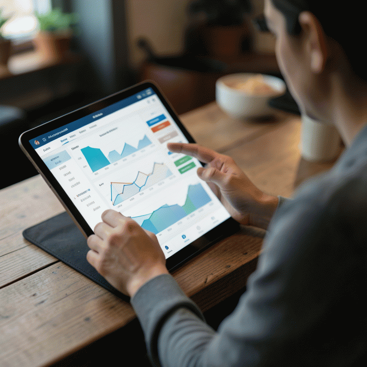 Pemilik bisnis makanan menganalisis dasbor keuangan pada layar tablet, berfokus pada grafik margin keuntungan dan biaya operasional. Menunjukkan perencanaan strategis.