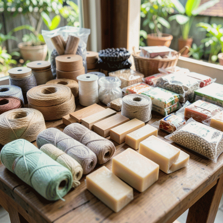 Tumpukan bahan baku dan produk jadi home industry yang tertata rapi, siap dihitung modalnya.