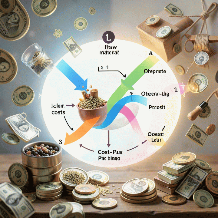 Conceptual art showing cost-plus pricing formula with materials and profit margin flow.