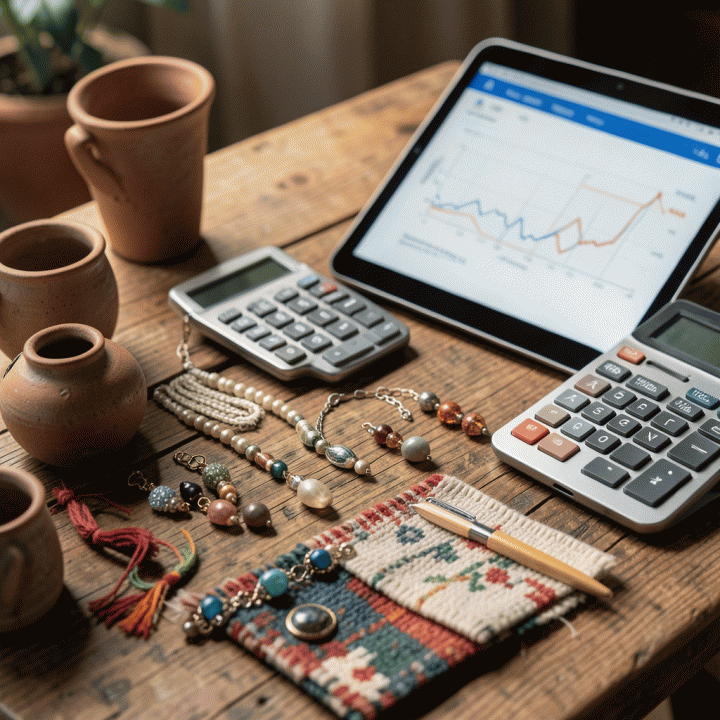 Close-up of handmade crafts on a workbench next to a calculator and tablet showing a financial calculation interface, illustrating cost calculation for handmade products.