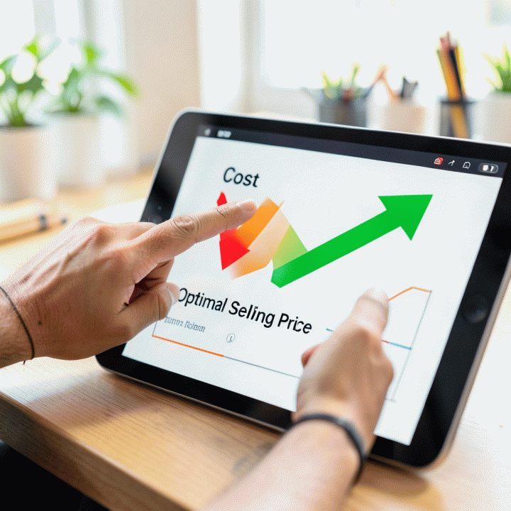 Visualisasi abstrak perbandingan biaya dan harga jual optimal pada layar digital yang diperhatikan oleh tangan pemilik bisnis.