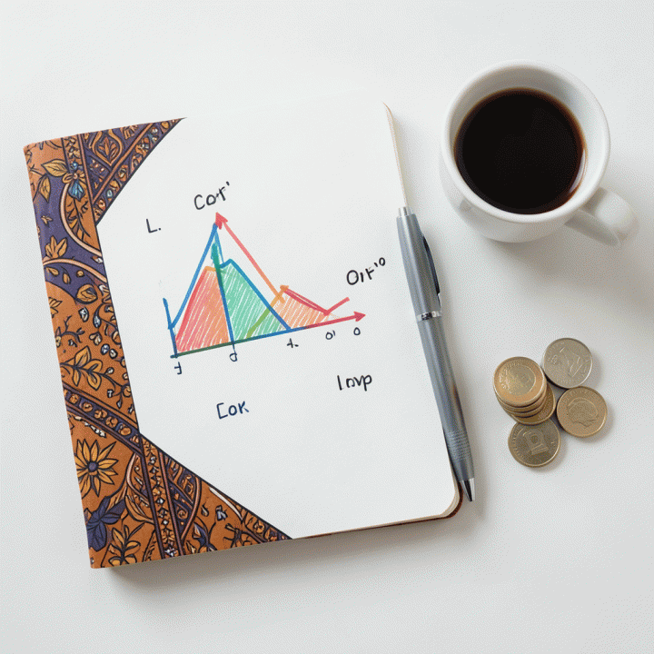 Tampilan atas (flat lay) alat perencanaan bisnis, termasuk buku catatan dengan diagram margin keuntungan, menunjukkan strategi penetapan harga jual.