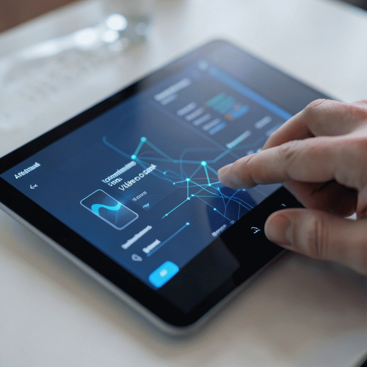 Hand interacting with a minimalist AI content optimization interface on a tablet.