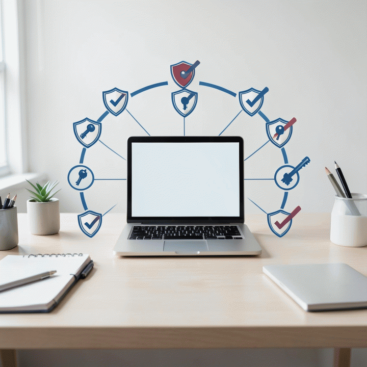 Infografis konsep tentang cara mengamankan akun email, menunjukkan simbol-simbol keamanan seperti kunci dan lapisan perlindungan digital.