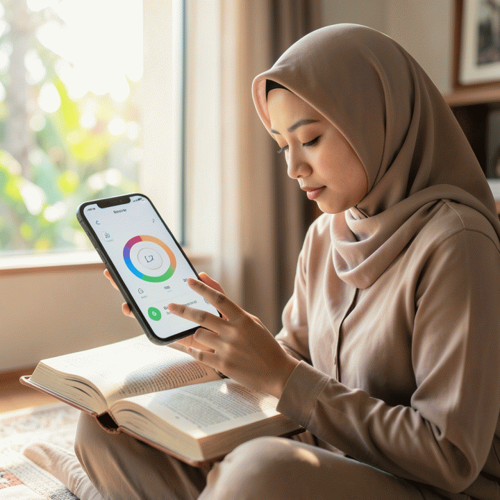 Seorang wanita Muslim muda yang menikmati rutinitas ibadah pagi sambil memeriksa aplikasi pelacak kebiasaan di smartphone-nya.