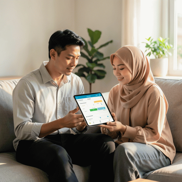 Pasangan Muslim milenial yang menggunakan tablet digital untuk melacak dan merencanakan konsistensi ibadah harian mereka dalam suasana yang tenang dan modern.